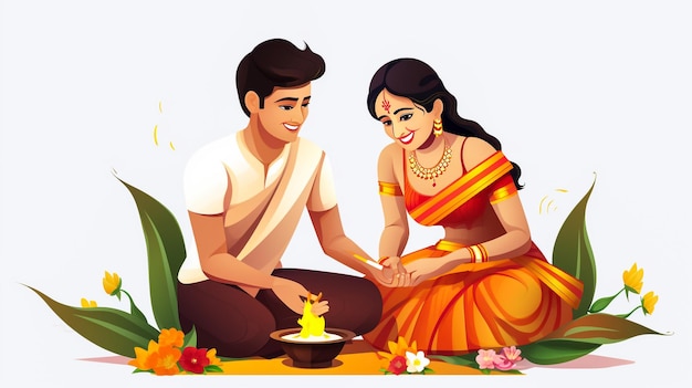 Indian wedding traditions Indian bride and groom in ethnic dress Lengha and Sherwani for wedding day Marriage ritual Sath Pheras ceremony Flat vector illustration