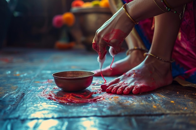 Photo indian woman applying red dye on feet for festival celebration