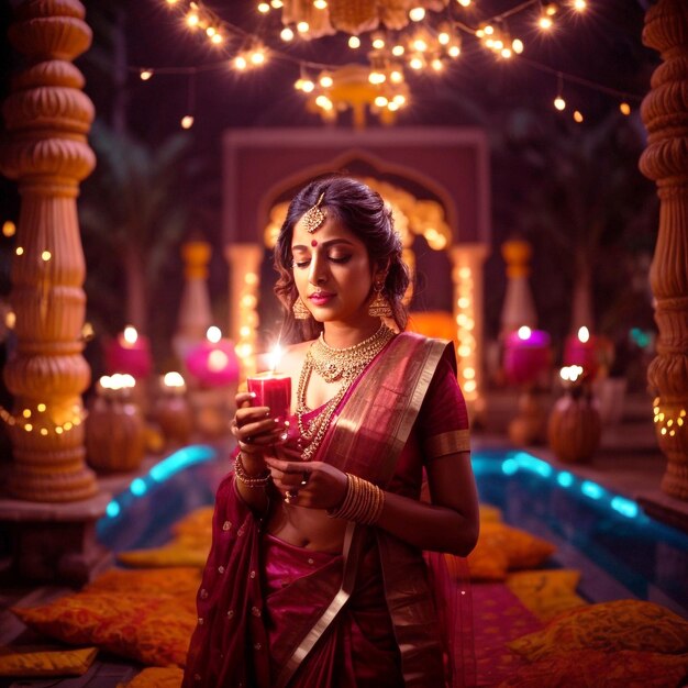 Indian woman by candles celebrating diwali