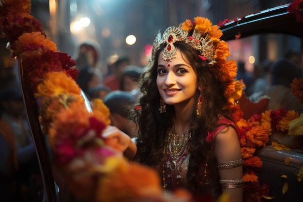 an indian woman in a car with flowers on her head