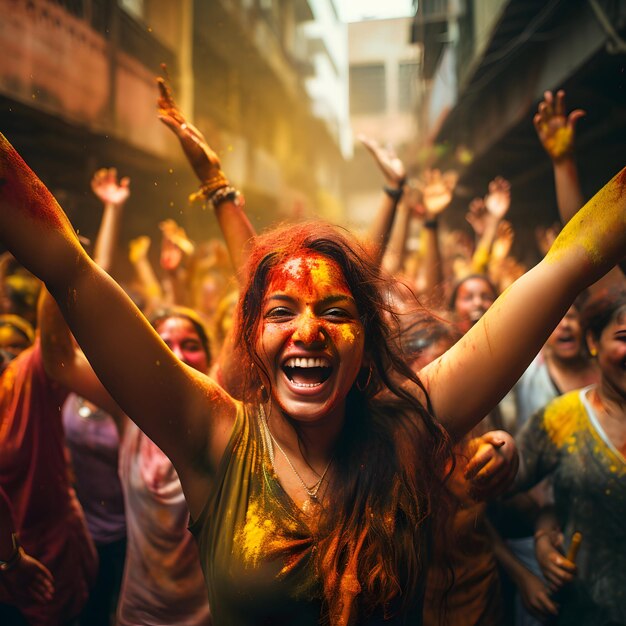 Indian woman celebrating Holi festival with Holi colorful powder