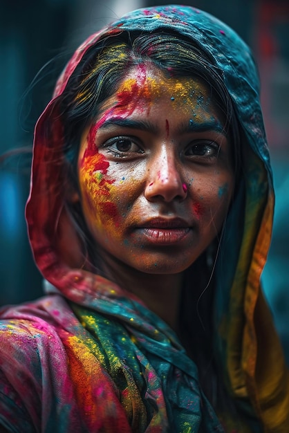 Indian woman close up portrait with colorful paint