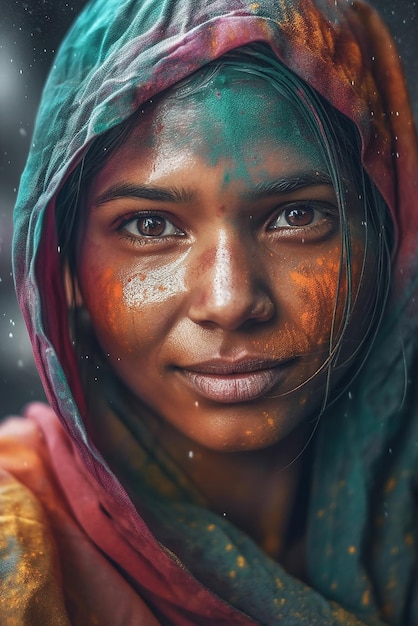 사진 화려한 페인트로 초상화를 닫은 인도 여성