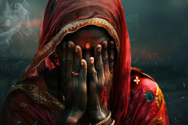 Foto indian woman covers her face with her hands she dreams of a better life