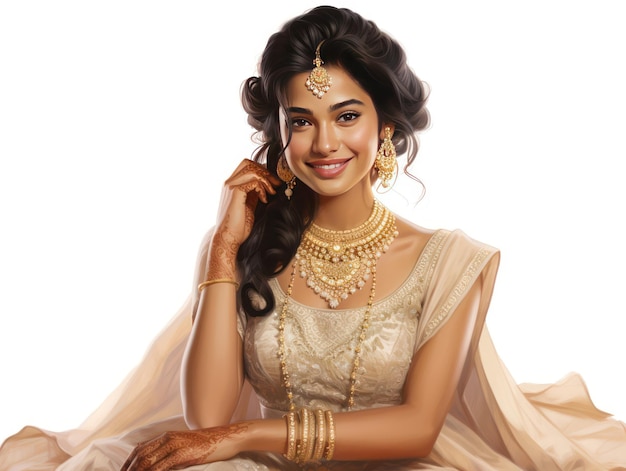 Indian Woman Embodies Beauty and Elegance in Stunning Dress and Jewelry on White Background