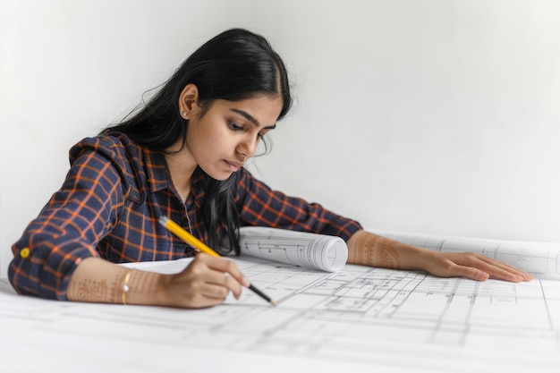 Indian woman engineer working on blueprints