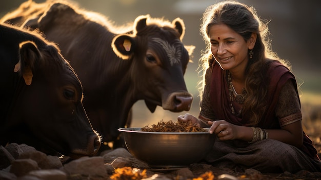 インド人女性が牛に ⁇ を与えている