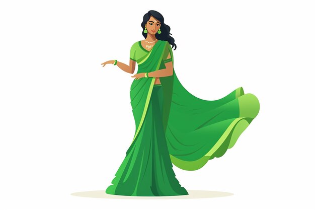Photo indian woman in green saree vector illustration isolated on white background flat design