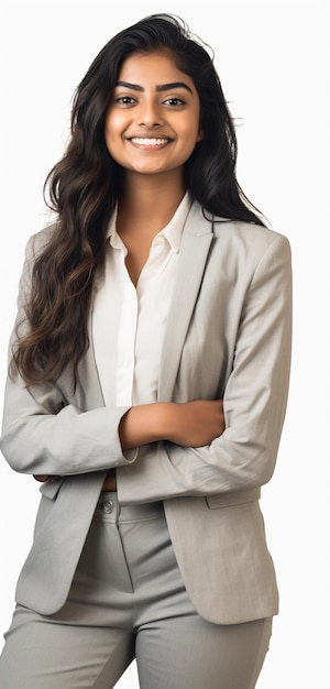 An Indian woman in a grey suit stands with her arms crossed