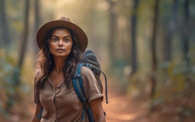 Indian woman hiking in the woods