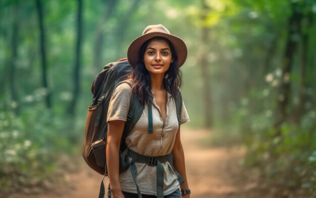 森でハイキングをしているインディアン女性