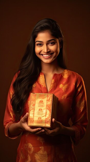 Indian woman holding Diwali gift box