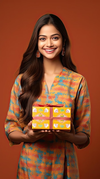 Индийская женщина держит подарочную коробку Дивали