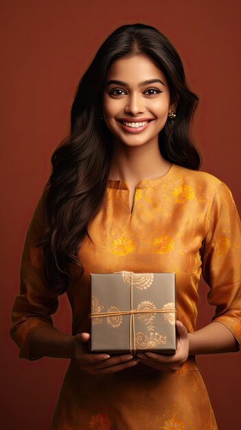 Indian woman holding Diwali gift box