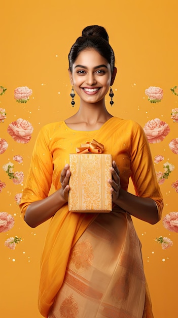 Indian woman holding diwali gift box