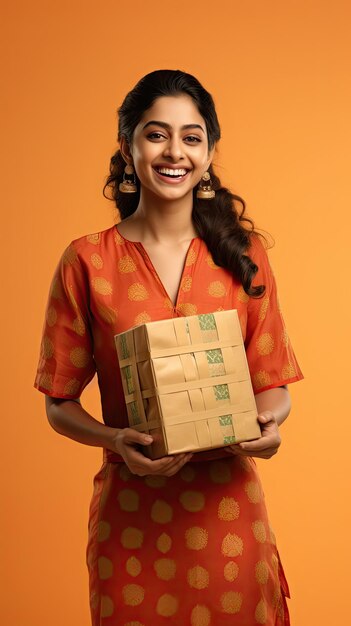 Indian woman holding diwali gift box