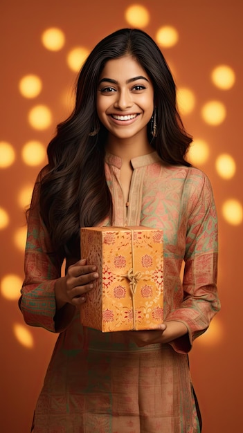 Indian woman holding Diwali gift box