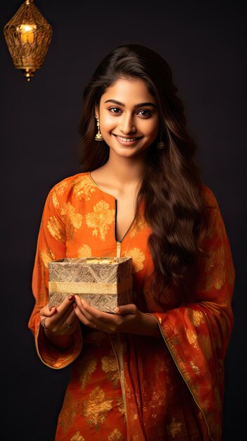 Indian woman holding diwali gift box