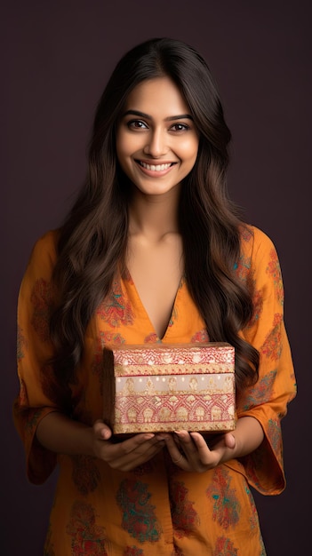 Indian woman holding Diwali gift box