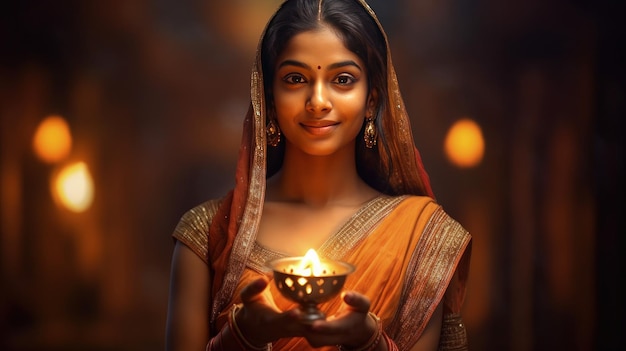 Indian woman holding Diwali oil lamp Illustration AI GenerativexA