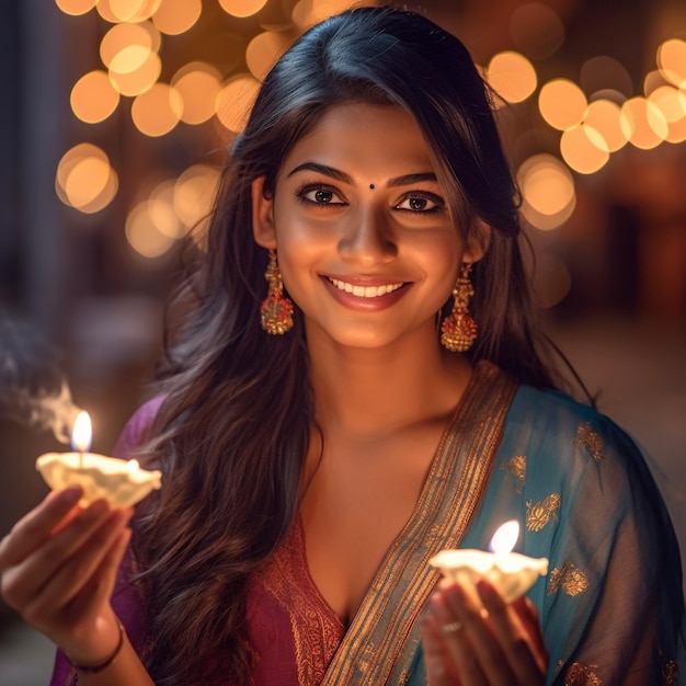 Photo indian woman holding diya lamps lantern generative ai