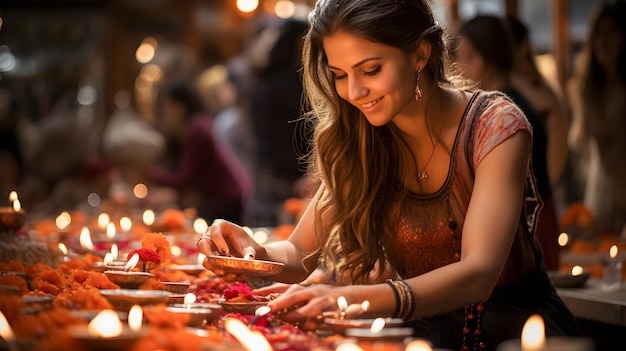 Foto donna indiana che tiene diya o lampada a olio al festival delle luci di diwali sfondo diwali ai generativa