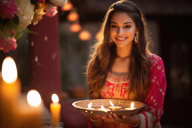 Indian woman holding diya or oil lamp in hand diwali festival concept