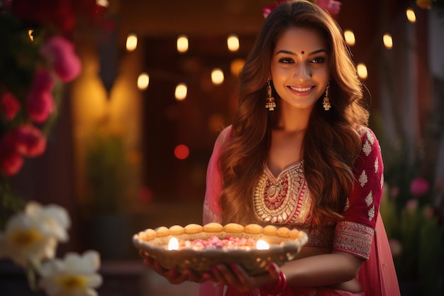 Indian woman holding diya or oil lamp in hand diwali festival concept