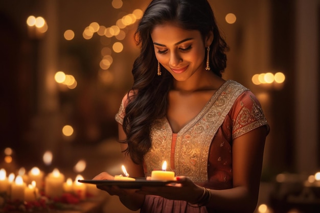 디왈리 축제 개념을 손에 들고 디야나 오일 램프를 들고 있는 인도 여성
