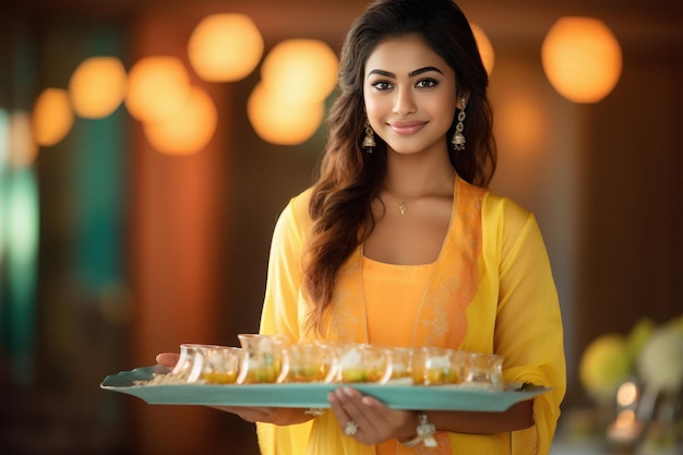 Indian woman holding food thali in hand