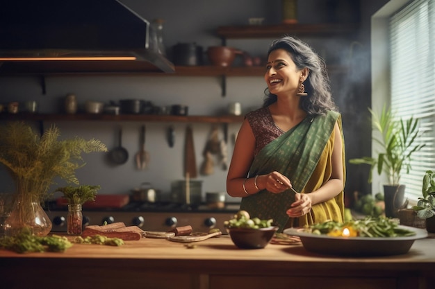 インドの女性または主婦がキッチンで料理を作る