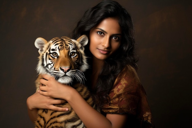 Indian woman hugging tiger cub Preserve endangered animal World animal day