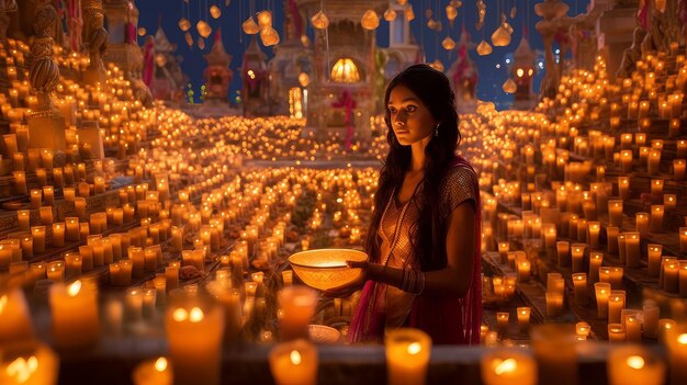 ディワリ祭を記念してインドの寺院にいるインド人女性