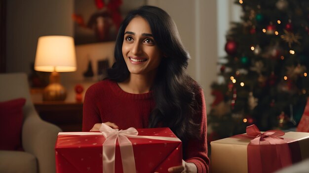 An Indian woman is all smiles after receiving a gift on Christmas