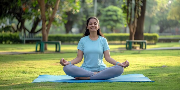 a indian woman is doing yoga in a park with trees in the background