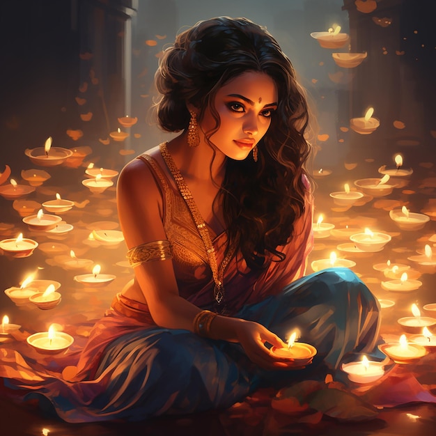 Indian woman kneeling by candles celebrating Diwali