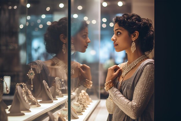 Фото Индийская женщина ищет украшения для себя в ювелирном магазине