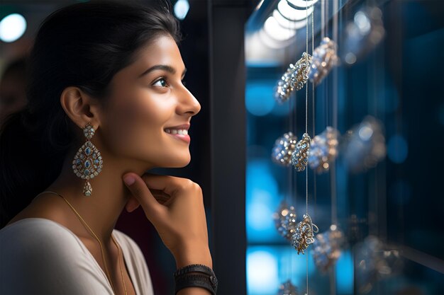Индийская женщина ищет украшения для себя в ювелирном магазине