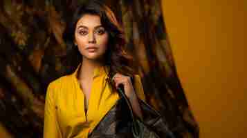 Photo indian woman model white holding a mobile phone in a bright orange dress looks at the mobile screeen