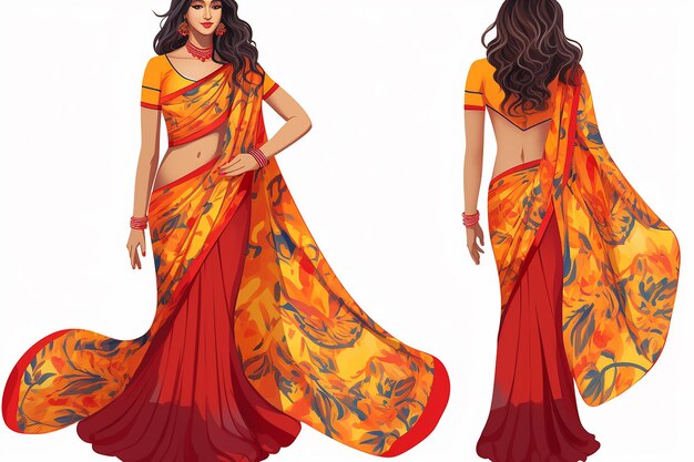 Indian woman in pattern saree flat design vector on white background