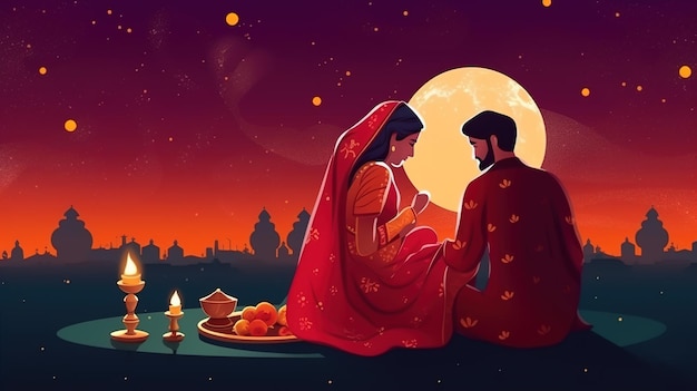 Indian woman performing Hindu married festival ritual of Karwa Cahuth looking moon through sieveillustration