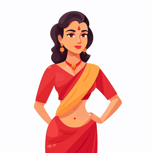  ⁇ 색 바탕에 고립된 빨간 사리  ⁇ 터 일러스트레이션의 인도 여성