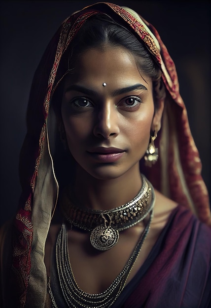 An Indian woman in a red sari with a gold necklace and a red sari