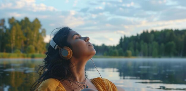 Photo an indian woman relaxed and enjoying music on headphones lounging on a pier by a serene lake in