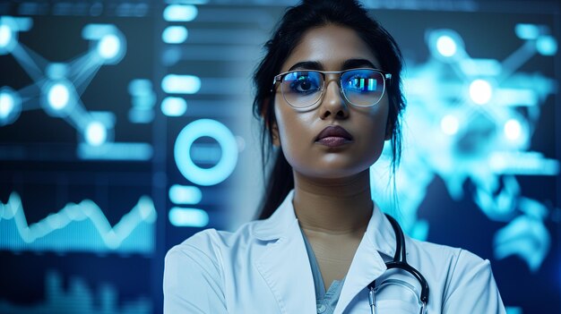 Indian woman scientist on a technological medical background Bioinformatics and genomic research