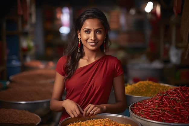 地元の野菜市場で野菜を売っているインド人女性