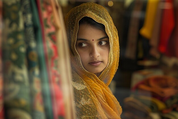 indian woman shopping in the indian clothes shop bokeh style background