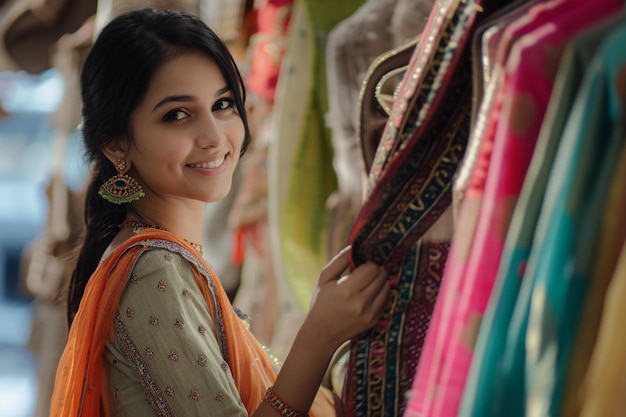 인도 여성이 인도 의류 가게에서 쇼핑을 하고 있습니다. 보케 스타일의 배경입니다.