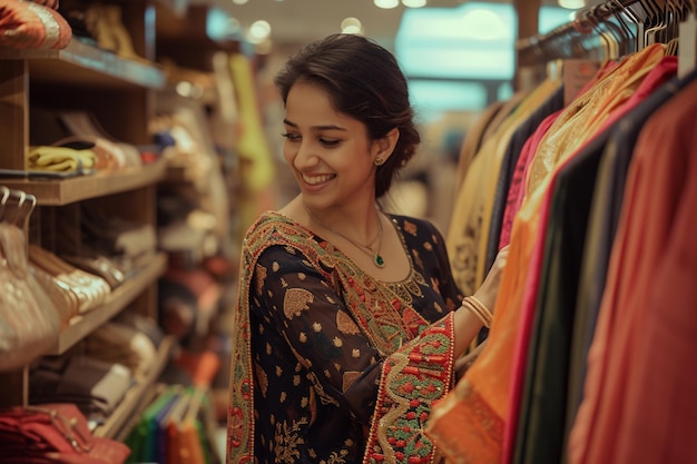 인도 여성이 인도 의류 가게에서 쇼핑을 하고 있습니다. 보케 스타일의 배경입니다.