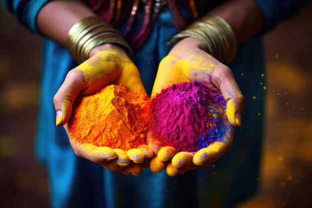 Indian woman showing colorful holi powder in her hands close up Colorful holi powder in hands Indian festival Holi background AI Generated